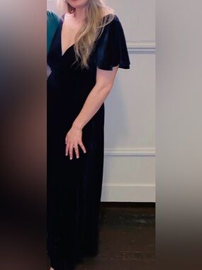 Lulu's Navy Velvet V-Neck Midi Dress with Flutter Sleeves- wedding guest dress